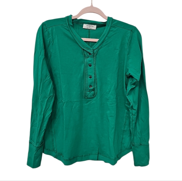 New Zenana Green Henley Top Size L Long Sleeve Button Down - Picture 3 of 3